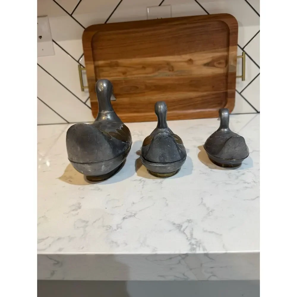 vintage pewter brass duck trinket boxes made in Hong Kong cabin rustic MCM